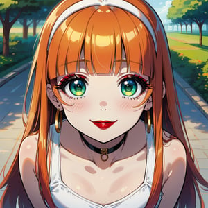 score_9, score_8_up, score_7_up, masterpiece, best quality, highres, 1girl, curvy, anime eyes, large eyes, green eyes, kawaii anime style, very kawaii anime style, super kawaii anime style, super cute anime style, cute anime style, sexy anime style, cute girl, kawaii, cute, kawaii girl, red eyeshadow, eyeshadow, long eyelashes, eyeliner, blush, red lipstick, medium lips,  orange hair, orange_hair, standing, smile, upper_body, face_only, close up, face only, close_up, face, solo girl, solo_girl, 1 girl, so cute, very_cute_girl, hime_cut, hime cut, golden hoop earrings, golden_hoop_earring, red eyeshadow, red_eyeshadow, long eyelashes, long_eyelashes, red_lipstick, red lipstick, age 25, from front, view from front, thick_eyelashes, very_thick_eyelashes, thick eyelashes, straight bangs, straight_bangs, straight_cut_hair, straight cut hair, cat eye shape, cat_eye_shape,  black choker, black_choker, sundress, white_sundress, white hairband, white_hairband, hairband, park, sleeveless, very long eyelashes, very_long_eyelashes, eyeliner, thick eyelashes, thick_eyelashes, slanted eyes. slanted_eyes, slanted_eye_shape, slanted eye shape, flat_chested, view from above, view_from_above, leaning forward, leaning_forward, 

