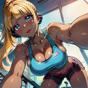 score_9, score_8_up, score_7_up, masterpiece, best quality, highres, 1girl, curvy, anime eyes, large eyes, neon blue eyes, neon_blue_eyes, kawaii anime style, very kawaii anime style, super kawaii anime style, super cute anime style, cute anime style, sexy anime style, cute girl, kawaii, cute, kawaii girl, red eyeshadow, eyeshadow, long eyelashes, eyeliner, blush, red lipstick, medium lips, full lip, full_lips, smile, upper_body, face_only, close up, face only, close_up, face, solo girl, solo_girl, 1 girl, so cute, very_cute_girl, hime_cut, hime cut, red eyeshadow, red_eyeshadow, long eyelashes, long_eyelashes, red_lipstick, red lipstick, age 25, cat_shaped_eyes, fox_shaped_eyes, thick_eyelashes, very_thick_eyelashes, thick eyelashes, blonde hair, blonde_hair, bright blonde hair, bright_blonde_hair, gym,, weight_room, treadmills, treadmill, headphones over ears, black headphones over ears, black headphones, headphones_over_ears, brown_girl, brown skin, brown_skin, brown skinned, dark skin, dark_skinned, brown_skinned, blue sports bra, blue_sports_bra, small sports bra, tight sports bra, tight_sports_bra, extremely tight sports bra, midriff, exposed midriff, exposed_midriff, large ponytail, large_ponytail, long ponytail, long_ponytail, massive breasts, black shorts, side boobs, side_boobs, side_boob, side boob, curvy hips, curvy_hips, wide_hips, wide hips, thick thighs, thigh_thighs, toned body, toned_body, abs, view from below, from_below, from below, view_from_below, on knees, sweating, girl sweating, girl_sweating, yoga, yoga posing, yoga_posing, girl looking up, blush, blushing, girl blushing, red blush, pink blush, underboob, under boob, cleavage, deep cleavage, deep_cleavage, micro sports bra, micro_sports_bra, view directly below girl, directly below girl, directly below, low angle, low_angle, under breasts, under_breasts, between thighs, view from between thighs, bending forward, bending_forward