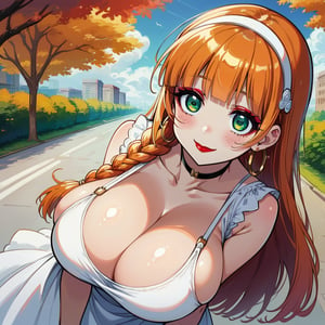 score_9, score_8_up, score_7_up, masterpiece, best quality, highres, 1girl, curvy, anime eyes, large eyes, green eyes, kawaii anime style, very kawaii anime style, super kawaii anime style, super cute anime style, cute anime style, sexy anime style, cute girl, kawaii, cute, kawaii girl, red eyeshadow, eyeshadow, long eyelashes, eyeliner, blush, red lipstick, medium lips,  orange hair, orange_hair, standing, smile, upper_body, face_only, close up, face only, close_up, face, solo girl, solo_girl, 1 girl, so cute, very_cute_girl, hime_cut, hime cut, golden hoop earrings, golden_hoop_earring, red eyeshadow, red_eyeshadow, long eyelashes, long_eyelashes, red_lipstick, red lipstick, age 25, from front, view from front, thick_eyelashes, very_thick_eyelashes, thick eyelashes, straight bangs, straight_bangs, straight_cut_hair, straight cut hair, cat eye shape, cat_eye_shape, braided hair, braided_hair,  black choker, black_choker, sundress, white_sundress, white hairband, white_hairband, hairband, park, sleeveless, very long eyelashes, very_long_eyelashes, eyeliner, thick eyelashes, thick_eyelashes, slanted eyes. slanted_eyes, slanted_eye_shape, slanted eye shape, massive breasts, gigantic breasts, giant breasts, view from above, view_from_above, downblouse, down blouse, down_blouse, leaning forward, leaning_forward, side boobs, side boob, side_boob, side_boobs, underboobs, underboob,

