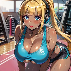 score_9, score_8_up, score_7_up, masterpiece, best quality, highres, 1girl, curvy, anime eyes, large eyes, neon blue eyes, neon_blue_eyes, kawaii anime style, very kawaii anime style, super kawaii anime style, super cute anime style, cute anime style, sexy anime style, cute girl, kawaii, cute, kawaii girl, red eyeshadow, eyeshadow, long eyelashes, eyeliner, blush, red lipstick, medium lips, full lip, full_lips, smile, upper_body, face_only, close up, face only, close_up, face, solo girl, solo_girl, 1 girl, so cute, very_cute_girl, hime_cut, hime cut, red eyeshadow, red_eyeshadow, long eyelashes, long_eyelashes, red_lipstick, red lipstick, age 25, cat_shaped_eyes, fox_shaped_eyes, thick_eyelashes, very_thick_eyelashes, thick eyelashes, blonde hair, blonde_hair, bright blonde hair, bright_blonde_hair, gym,, weight_room, treadmills, treadmill, headphones over ears, black headphones over ears, black headphones, headphones_over_ears, brown_girl, brown skin, brown_skin, brown skinned, dark skin, dark_skinned, brown_skinned, blue sports bra, blue_sports_bra, small sports bra, tight sports bra, tight_sports_bra, extremely tight sports bra, midriff, exposed midriff, exposed_midriff, large ponytail, large_ponytail, long ponytail, long_ponytail, massive breasts, gigantic breasts, gargantuan breasts, enormous breasts, gargantuan breasts, black shorts, side boobs, side_boobs, side_boob, side boob, curvy hips, curvy_hips, wide_hips, wide hips, thick thighs, thigh_thighs, toned body, toned_body, abs, view from above, from_above, from above, view_from_above, on knees, sweating, girl sweating, girl_sweating, yoga, yoga posing, yoga_posing, girl looking up, blush, blushing, girl blushing, red blush, pink blush, underboob, under boob, cleavage, deep cleavage, deep_cleavage, micro sports bra, micro_sports_bra, view directly below girl, directly below girl, directly below, low angle, low_angle, under breasts, under_breasts, between thighs, view from between thighs, bending forward, bending_forward, side boobs, underboob, cleavage, sexy cleavage, sexy side boob, 