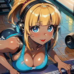 score_9, score_8_up, score_7_up, masterpiece, best quality, highres, 1girl, curvy, anime eyes, large eyes, blue eyes, kawaii anime style, very kawaii anime style, super kawaii anime style, super cute anime style, cute anime style, sexy anime style, cute girl, kawaii, cute, kawaii girl, red eyeshadow, eyeshadow, long eyelashes, eyeliner, blush, red lipstick, medium lips, full lip, full_lips, smile, upper_body, face_only, close up, face only, close_up, face, solo girl, solo_girl, 1 girl, so cute, very_cute_girl, hime_cut, hime cut, red eyeshadow, red_eyeshadow, long eyelashes, long_eyelashes, red_lipstick, red lipstick, age 25, cat_shaped_eyes, fox_shaped_eyes, thick_eyelashes, very_thick_eyelashes, thick eyelashes, blonde hair, blonde_hair, bright blonde hair, bright_blonde_hair, gym,, weight_room, treadmills, treadmill, headphones over ears, black headphones over ears, black headphones, headphones_over_ears, brown_girl, brown skin, brown_skin, brown skinned, dark skin, dark_skinned, brown_skinned, blue sports bra, blue_sports_bra, small sports bra, tight sports bra, tight_sports_bra, extremely tight sports bra, midriff, exposed midriff, exposed_midriff, large ponytail, large_ponytail, long ponytail, long_ponytail, massive breasts, black shorts, side boobs, side_boobs, side_boob, side boob, curvy hips, curvy_hips, wide_hips, wide hips, thick thighs, thigh_thighs, toned body, toned_body, abs, view from above, from_above, from above, view_from_above, leaning forward, leaning_forward, push-ups, sweating, girl sweating, girl_sweating, downblouse, down blouse, down_blouse, yoga, yoga posing, yoga_posing, areal view, areal_view, girl looking up