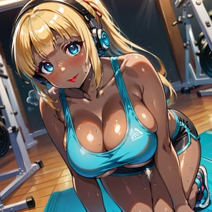 score_9, score_8_up, score_7_up, masterpiece, best quality, highres, 1girl, curvy, anime eyes, large eyes, neon blue eyes, neon_blue_eyes, kawaii anime style, very kawaii anime style, super kawaii anime style, super cute anime style, cute anime style, sexy anime style, cute girl, kawaii, cute, kawaii girl, red eyeshadow, eyeshadow, long eyelashes, eyeliner, blush, red lipstick, medium lips, full lip, full_lips, smile, upper_body, face_only, close up, face only, close_up, face, solo girl, solo_girl, 1 girl, so cute, very_cute_girl, hime_cut, hime cut, red eyeshadow, red_eyeshadow, long eyelashes, long_eyelashes, red_lipstick, red lipstick, age 25, cat_shaped_eyes, fox_shaped_eyes, thick_eyelashes, very_thick_eyelashes, thick eyelashes, blonde hair, blonde_hair, bright blonde hair, bright_blonde_hair, gym,, weight_room, treadmills, treadmill, headphones over ears, black headphones over ears, black headphones, headphones_over_ears, brown_girl, brown skin, brown_skin, brown skinned, dark skin, dark_skinned, brown_skinned, blue sports bra, blue_sports_bra, small sports bra, tight sports bra, tight_sports_bra, extremely tight sports bra, midriff, exposed midriff, exposed_midriff, large ponytail, large_ponytail, long ponytail, long_ponytail, massive breasts, gigantic breasts, gargantuan breasts, enormous breasts, gargantuan breasts, black shorts, side boobs, side_boobs, side_boob, side boob, curvy hips, curvy_hips, wide_hips, wide hips, thick thighs, thigh_thighs, toned body, toned_body, abs, view from above, from_above, from above, view_from_above, on knees, sweating, girl sweating, girl_sweating, yoga, yoga posing, yoga_posing, girl looking up, blush, blushing, girl blushing, red blush, pink blush, underboob, under boob, cleavage, deep cleavage, deep_cleavage, micro sports bra, micro_sports_bra, view directly below girl, directly below girl, directly below, low angle, low_angle, under breasts, under_breasts, between thighs, view from between thighs, bending forward, bending_forward, side boobs, underboob, cleavage, sexy cleavage, sexy side boob, 