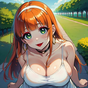 score_9, score_8_up, score_7_up, masterpiece, best quality, highres, 1girl, curvy, anime eyes, large eyes, green eyes, kawaii anime style, very kawaii anime style, super kawaii anime style, super cute anime style, cute anime style, sexy anime style, cute girl, kawaii, cute, kawaii girl, red eyeshadow, eyeshadow, long eyelashes, eyeliner, blush, red lipstick, medium lips,  orange hair, orange_hair, standing, smile, upper_body, face_only, close up, face only, close_up, face, solo girl, solo_girl, 1 girl, so cute, very_cute_girl, hime_cut, hime cut, golden hoop earrings, golden_hoop_earring, red eyeshadow, red_eyeshadow, long eyelashes, long_eyelashes, red_lipstick, red lipstick, age 25, from front, view from front, thick_eyelashes, very_thick_eyelashes, thick eyelashes, straight bangs, straight_bangs, straight_cut_hair, straight cut hair, cat eye shape, cat_eye_shape,  black choker, black_choker, sundress, white_sundress, white hairband, white_hairband, hairband, park, sleeveless, very long eyelashes, very_long_eyelashes, eyeliner, thick eyelashes, thick_eyelashes, slanted eyes. slanted_eyes, slanted_eye_shape, slanted eye shape, massive breasts, view from above, view_from_above, downblouse, down blouse, down_blouse, leaning forward, leaning_forward, side boobs, side boob, side_boob, side_boobs,

