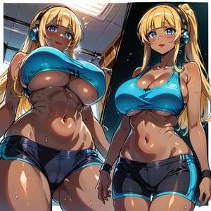 score_9, score_8_up, score_7_up, masterpiece, best quality, highres, 1girl, curvy, anime eyes, large eyes, neon blue eyes, neon_blue_eyes, kawaii anime style, very kawaii anime style, super kawaii anime style, super cute anime style, cute anime style, sexy anime style, cute girl, kawaii, cute, kawaii girl, red eyeshadow, eyeshadow, long eyelashes, eyeliner, blush, red lipstick, medium lips, full lip, full_lips, smile, upper_body, face_only, close up, face only, close_up, face, solo girl, solo_girl, 1 girl, so cute, very_cute_girl, hime_cut, hime cut, red eyeshadow, red_eyeshadow, long eyelashes, long_eyelashes, red_lipstick, red lipstick, age 25, cat_shaped_eyes, fox_shaped_eyes, thick_eyelashes, very_thick_eyelashes, thick eyelashes, blonde hair, blonde_hair, bright blonde hair, bright_blonde_hair, gym,, weight_room, treadmills, treadmill, headphones over ears, black headphones over ears, black headphones, headphones_over_ears, brown_girl, brown skin, brown_skin, brown skinned, dark skin, dark_skinned, brown_skinned, blue sports bra, blue_sports_bra, small sports bra, tight sports bra, tight_sports_bra, extremely tight sports bra, midriff, exposed midriff, exposed_midriff, large ponytail, large_ponytail, long ponytail, long_ponytail, massive breasts, black shorts, side boobs, side_boobs, side_boob, side boob, curvy hips, curvy_hips, wide_hips, wide hips, thick thighs, thigh_thighs, toned body, toned_body, abs, view from below, from_below, from below, view_from_below, on knees, sweating, girl sweating, girl_sweating, yoga, yoga posing, yoga_posing, girl looking up, blush, blushing, girl blushing, red blush, pink blush, underboob, under boob, leaning back, leaning_back, cleavage, deep cleavage, deep_cleavage, micro sports bra, micro_sports_bra, view directly below girl, directly below girl, directly below, low angle, low_angle, under breasts, under_breasts, between thighs, view from between thighs