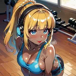 score_9, score_8_up, score_7_up, masterpiece, best quality, highres, 1girl, curvy, anime eyes, large eyes, neon blue eyes, neon_blue_eyes, kawaii anime style, very kawaii anime style, super kawaii anime style, super cute anime style, cute anime style, sexy anime style, cute girl, kawaii, cute, kawaii girl, red eyeshadow, eyeshadow, long eyelashes, eyeliner, blush, red lipstick, medium lips, full lip, full_lips, smile, upper_body, face_only, close up, face only, close_up, face, solo girl, solo_girl, 1 girl, so cute, very_cute_girl, hime_cut, hime cut, red eyeshadow, red_eyeshadow, long eyelashes, long_eyelashes, red_lipstick, red lipstick, age 25, cat_shaped_eyes, fox_shaped_eyes, thick_eyelashes, very_thick_eyelashes, thick eyelashes, blonde hair, blonde_hair, bright blonde hair, bright_blonde_hair, gym,, weight_room, treadmills, treadmill, headphones over ears, black headphones over ears, black headphones, headphones_over_ears, brown_girl, brown skin, brown_skin, brown skinned, dark skin, dark_skinned, brown_skinned, blue sports bra, blue_sports_bra, small sports bra, tight sports bra, tight_sports_bra, extremely tight sports bra, midriff, exposed midriff, exposed_midriff, large ponytail, large_ponytail, long ponytail, long_ponytail, massive breasts, black shorts, side boobs, side_boobs, side_boob, side boob, curvy hips, curvy_hips, wide_hips, wide hips, thick thighs, thigh_thighs, toned body, toned_body, abs, view from above, from_above, from above, view_from_above, standing, sweating, girl sweating, girl_sweating, yoga, yoga posing, yoga_posing, areal view, areal_view, girl looking up, from_side, blush, blushing, girl blushing, red blush, pink blush, underboob, under boob, leaning forward, leaning_forward, cleavage, deep cleavage, deep_cleavage 