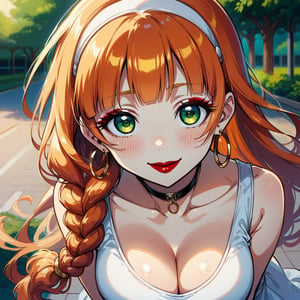 score_9, score_8_up, score_7_up, masterpiece, best quality, highres, 1girl, curvy, anime eyes, large eyes, green eyes, kawaii anime style, very kawaii anime style, super kawaii anime style, super cute anime style, cute anime style, sexy anime style, cute girl, kawaii, cute, kawaii girl, red eyeshadow, eyeshadow, long eyelashes, eyeliner, blush, red lipstick, medium lips,  orange hair, orange_hair, standing, smile, upper_body, face_only, close up, face only, close_up, face, solo girl, solo_girl, 1 girl, so cute, very_cute_girl, hime_cut, hime cut, golden hoop earrings, golden_hoop_earring, red eyeshadow, red_eyeshadow, long eyelashes, long_eyelashes, red_lipstick, red lipstick, age 25, from front, view from front, thick_eyelashes, very_thick_eyelashes, thick eyelashes, straight bangs, straight_bangs, straight_cut_hair, straight cut hair, cat eye shape, cat_eye_shape, braided ponytail, ponytail, braided_ponytail,  black choker, black_choker, sundress, white_sundress, white hairband, white_hairband, hairband, park, sleeveless, very long eyelashes, very_long_eyelashes, eyeliner, thick eyelashes, thick_eyelashes, slanted eyes. slanted_eyes, slanted_eye_shape, slanted eye shape, massive_breasts, view from above, view_from_above, downblouse, down v blouse, down_blouse