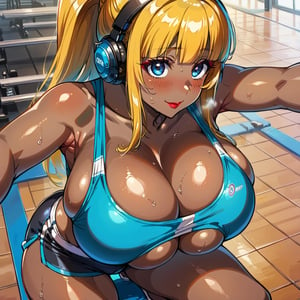 score_9, score_8_up, score_7_up, masterpiece, best quality, highres, 1girl, curvy, anime eyes, large eyes, neon blue eyes, neon_blue_eyes, kawaii anime style, very kawaii anime style, super kawaii anime style, super cute anime style, cute anime style, sexy anime style, cute girl, kawaii, cute, kawaii girl, red eyeshadow, eyeshadow, long eyelashes, eyeliner, blush, red lipstick, medium lips, full lip, full_lips, smile, upper_body, face_only, close up, face only, close_up, face, solo girl, solo_girl, 1 girl, so cute, very_cute_girl, hime_cut, hime cut, red eyeshadow, red_eyeshadow, long eyelashes, long_eyelashes, red_lipstick, red lipstick, age 25, cat_shaped_eyes, fox_shaped_eyes, thick_eyelashes, very_thick_eyelashes, thick eyelashes, blonde hair, blonde_hair, bright blonde hair, bright_blonde_hair, gym,, weight_room, treadmills, treadmill, headphones over ears, black headphones over ears, black headphones, headphones_over_ears, brown_girl, brown skin, brown_skin, brown skinned, dark skin, dark_skinned, brown_skinned, blue sports bra, blue_sports_bra, small sports bra, tight sports bra, tight_sports_bra, extremely tight sports bra, midriff, exposed midriff, exposed_midriff, large ponytail, large_ponytail, long ponytail, long_ponytail, massive breasts, gigantic breasts, gargantuan breasts, enormous breasts, gargantuan breasts, colossal breasts, black shorts, side boobs, side_boobs, side_boob, side boob, curvy hips, curvy_hips, wide_hips, wide hips, thick thighs, thigh_thighs, toned body, toned_body, abs, view from above, from_above, from above, view_from_above, on knees, sweating, girl sweating, girl_sweating, yoga, yoga posing, yoga_posing, girl looking up, blush, blushing, girl blushing, red blush, pink blush, underboob, under boob, cleavage, deep cleavage, deep_cleavage, micro sports bra, micro_sports_bra, view directly below girl, directly below girl, directly below, low angle, low_angle, under breasts, under_breasts, bending forward, bending_forward, side boobs, underboob, cleavage, sexy cleavage, sexy side boob, 