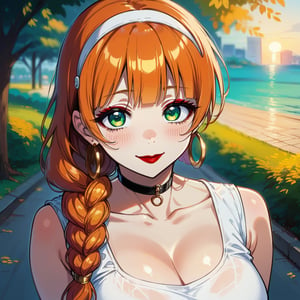 score_9, score_8_up, score_7_up, masterpiece, best quality, highres, 1girl, curvy, anime eyes, large eyes, green eyes, kawaii anime style, very kawaii anime style, super kawaii anime style, super cute anime style, cute anime style, sexy anime style, cute girl, kawaii, cute, kawaii girl, red eyeshadow, eyeshadow, long eyelashes, eyeliner, blush, red lipstick, medium lips,  orange hair, orange_hair, standing, smile, upper_body, face_only, close up, face only, close_up, face, solo girl, solo_girl, 1 girl, so cute, very_cute_girl, hime_cut, hime cut, golden hoop earrings, golden_hoop_earring, red eyeshadow, red_eyeshadow, long eyelashes, long_eyelashes, red_lipstick, red lipstick, age 25, from front, view from front, thick_eyelashes, very_thick_eyelashes, thick eyelashes, straight bangs, straight_bangs, straight_cut_hair, straight cut hair, cat eye shape, cat_eye_shape, braided ponytail, ponytail, braided_ponytail,  black choker, black_choker, sundress, white_sundress, white hairband, white_hairband, hairband, park, sleeveless, very long eyelashes, very_long_eyelashes, eyeliner, thick eyelashes, thick_eyelashes, slanted eyes. slanted_eyes, slanted_eye_shape, slanted eye shape, massive_breasts, view from above, view_from_above