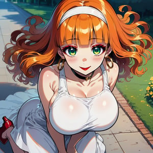 score_9, score_8_up, score_7_up, masterpiece, best quality, highres, 1girl, curvy, anime eyes, large eyes, green eyes, kawaii anime style, very kawaii anime style, super kawaii anime style, super cute anime style, cute anime style, sexy anime style, cute girl, kawaii, cute, kawaii girl, red eyeshadow, eyeshadow, long eyelashes, eyeliner, blush, red lipstick, medium lips,  orange hair, orange_hair, standing, smile, upper_body, face_only, close up, face only, close_up, face, solo girl, solo_girl, 1 girl, so cute, very_cute_girl, hime_cut, hime cut, golden hoop earrings, golden_hoop_earring, red eyeshadow, red_eyeshadow, long eyelashes, long_eyelashes, red_lipstick, red lipstick, age 25, thick_eyelashes, very_thick_eyelashes, thick eyelashes, straight bangs, straight_bangs, straight_cut_hair, straight cut hair, cat eye shape, cat_eye_shape,  black choker, black_choker, sundress, white_sundress, white hairband, white_hairband, hairband, park, sleeveless, very long eyelashes, very_long_eyelashes, eyeliner, thick eyelashes, thick_eyelashes, slanted eyes. slanted_eyes, slanted_eye_shape, slanted eye shape, tight dress, tight_dress, backless dress, backless_dress, backless, updo hair, updo_hair, updo, wavy hair, wavy_hair, view from above, view_from_above, from above, from_above, arched back, arched_back, hair in updo, hair_in_updo, massive breasts, impossible shirt, impossible_clothes, impossible_dress, impossible_clothing, massive breasts, knee up, raised knee, raised_knees, red heels, red_heels