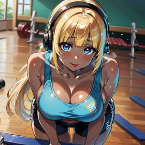 score_9, score_8_up, score_7_up, masterpiece, best quality, highres, 1girl, curvy, anime eyes, large eyes, blue eyes, kawaii anime style, very kawaii anime style, super kawaii anime style, super cute anime style, cute anime style, sexy anime style, cute girl, kawaii, cute, kawaii girl, red eyeshadow, eyeshadow, long eyelashes, eyeliner, blush, red lipstick, medium lips, full lip, full_lips, smile, upper_body, face_only, close up, face only, close_up, face, solo girl, solo_girl, 1 girl, so cute, very_cute_girl, hime_cut, hime cut, red eyeshadow, red_eyeshadow, long eyelashes, long_eyelashes, red_lipstick, red lipstick, age 25, cat_shaped_eyes, fox_shaped_eyes, thick_eyelashes, very_thick_eyelashes, thick eyelashes, blonde hair, blonde_hair, bright blonde hair, bright_blonde_hair, gym,, weight_room, treadmills, treadmill, headphones over ears, black headphones over ears, black headphones, headphones_over_ears, brown_girl, brown skin, brown_skin, brown skinned, dark skin, dark_skinned, brown_skinned, blue sports bra, blue_sports_bra, small sports bra, tight sports bra, tight_sports_bra, extremely tight sports bra, midriff, exposed midriff, exposed_midriff, large ponytail, large_ponytail, long ponytail, long_ponytail, massive breasts, black shorts, side boobs, side_boobs, side_boob, side boob, curvy hips, curvy_hips, wide_hips, wide hips, thick thighs, thigh_thighs, toned body, toned_body, abs, view from above, from_above, from above, view_from_above, leaning forward, leaning_forward, push-ups, sweating, girl sweating, girl_sweating, downblouse, down blouse, down_blouse, yoga, yoga posing, yoga_posing, areal view, areal_view, girl looking up