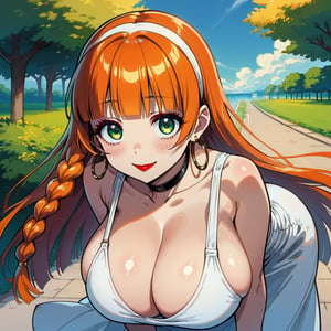 score_9, score_8_up, score_7_up, masterpiece, best quality, highres, 1girl, curvy, anime eyes, large eyes, green eyes, kawaii anime style, very kawaii anime style, super kawaii anime style, super cute anime style, cute anime style, sexy anime style, cute girl, kawaii, cute, kawaii girl, red eyeshadow, eyeshadow, long eyelashes, eyeliner, blush, red lipstick, medium lips,  orange hair, orange_hair, standing, smile, upper_body, face_only, close up, face only, close_up, face, solo girl, solo_girl, 1 girl, so cute, very_cute_girl, hime_cut, hime cut, golden hoop earrings, golden_hoop_earring, red eyeshadow, red_eyeshadow, long eyelashes, long_eyelashes, red_lipstick, red lipstick, age 25, from front, view from front, thick_eyelashes, very_thick_eyelashes, thick eyelashes, straight bangs, straight_bangs, straight_cut_hair, straight cut hair, cat eye shape, cat_eye_shape, braided hair, braided_hair,  black choker, black_choker, sundress, white_sundress, white hairband, white_hairband, hairband, park, sleeveless, very long eyelashes, very_long_eyelashes, eyeliner, thick eyelashes, thick_eyelashes, slanted eyes. slanted_eyes, slanted_eye_shape, slanted eye shape, massive breasts, gigantic breasts, giant breasts, view from above, view_from_above, downblouse, down blouse, down_blouse, leaning forward, leaning_forward, side boobs, side boob, side_boob, side_boobs, underboobs, underboob,

