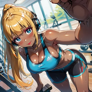 score_9, score_8_up, score_7_up, masterpiece, best quality, highres, 1girl, curvy, anime eyes, large eyes, neon blue eyes, neon_blue_eyes, kawaii anime style, very kawaii anime style, super kawaii anime style, super cute anime style, cute anime style, sexy anime style, cute girl, kawaii, cute, kawaii girl, red eyeshadow, eyeshadow, long eyelashes, eyeliner, blush, red lipstick, medium lips, full lip, full_lips, smile, upper_body, face_only, close up, face only, close_up, face, solo girl, solo_girl, 1 girl, so cute, very_cute_girl, hime_cut, hime cut, red eyeshadow, red_eyeshadow, long eyelashes, long_eyelashes, red_lipstick, red lipstick, age 25, cat_shaped_eyes, fox_shaped_eyes, thick_eyelashes, very_thick_eyelashes, thick eyelashes, blonde hair, blonde_hair, bright blonde hair, bright_blonde_hair, gym,, weight_room, treadmills, treadmill, headphones over ears, black headphones over ears, black headphones, headphones_over_ears, brown_girl, brown skin, brown_skin, brown skinned, dark skin, dark_skinned, brown_skinned, blue sports bra, blue_sports_bra, small sports bra, tight sports bra, tight_sports_bra, extremely tight sports bra, midriff, exposed midriff, exposed_midriff, large ponytail, large_ponytail, long ponytail, long_ponytail, massive breasts, black shorts, side boobs, side_boobs, side_boob, side boob, curvy hips, curvy_hips, wide_hips, wide hips, thick thighs, thigh_thighs, toned body, toned_body, abs, view from above, from_above, from above, view_from_above, standing, sweating, girl sweating, girl_sweating, yoga, yoga posing, yoga_posing, areal view, areal_view, girl looking up, from_side, blush, blushing, girl blushing, red blush, pink blush, underboob, under boob, leaning forward, leaning_forward, cleavage, deep cleavage, deep_cleavage 