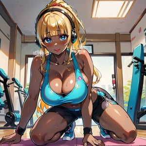 score_9, score_8_up, score_7_up, masterpiece, best quality, highres, 1girl, curvy, anime eyes, large eyes, neon blue eyes, neon_blue_eyes, kawaii anime style, very kawaii anime style, super kawaii anime style, super cute anime style, cute anime style, sexy anime style, cute girl, kawaii, cute, kawaii girl, red eyeshadow, eyeshadow, long eyelashes, eyeliner, blush, red lipstick, medium lips, full lip, full_lips, smile, upper_body, face_only, close up, face only, close_up, face, solo girl, solo_girl, 1 girl, so cute, very_cute_girl, hime_cut, hime cut, red eyeshadow, red_eyeshadow, long eyelashes, long_eyelashes, red_lipstick, red lipstick, age 25, cat_shaped_eyes, fox_shaped_eyes, thick_eyelashes, very_thick_eyelashes, thick eyelashes, blonde hair, blonde_hair, bright blonde hair, bright_blonde_hair, gym,, weight_room, treadmills, treadmill, headphones over ears, black headphones over ears, black headphones, headphones_over_ears, brown_girl, brown skin, brown_skin, brown skinned, dark skin, dark_skinned, brown_skinned, blue sports bra, blue_sports_bra, small sports bra, tight sports bra, tight_sports_bra, extremely tight sports bra, midriff, exposed midriff, exposed_midriff, large ponytail, large_ponytail, long ponytail, long_ponytail, massive breasts, black shorts, side boobs, side_boobs, side_boob, side boob, curvy hips, curvy_hips, wide_hips, wide hips, thick thighs, thigh_thighs, toned body, toned_body, abs, view from below, from_below, from below, view_from_below, crawling, on knees, sweating, girl sweating, girl_sweating, yoga, yoga posing, yoga_posing, girl looking up, blush, blushing, girl blushing, red blush, pink blush, underboob, under boob, leaning forward, leaning_forward, cleavage, deep cleavage, deep_cleavage 