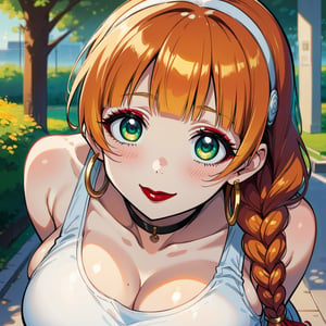 score_9, score_8_up, score_7_up, masterpiece, best quality, highres, 1girl, curvy, anime eyes, large eyes, green eyes, kawaii anime style, very kawaii anime style, super kawaii anime style, super cute anime style, cute anime style, sexy anime style, cute girl, kawaii, cute, kawaii girl, red eyeshadow, eyeshadow, long eyelashes, eyeliner, blush, red lipstick, medium lips,  orange hair, orange_hair, standing, smile, upper_body, face_only, close up, face only, close_up, face, solo girl, solo_girl, 1 girl, so cute, very_cute_girl, hime_cut, hime cut, golden hoop earrings, golden_hoop_earring, red eyeshadow, red_eyeshadow, long eyelashes, long_eyelashes, red_lipstick, red lipstick, age 25, from front, view from front, thick_eyelashes, very_thick_eyelashes, thick eyelashes, straight bangs, straight_bangs, straight_cut_hair, straight cut hair, cat eye shape, cat_eye_shape, braided ponytail, ponytail, braided_ponytail,  black choker, black_choker, sundress, white_sundress, white hairband, white_hairband, hairband, park, sleeveless, very long eyelashes, very_long_eyelashes, eyeliner, thick eyelashes, thick_eyelashes, slanted eyes. slanted_eyes, slanted_eye_shape, slanted eye shape, massive breasts, gigantic breasts, giant breasts, view from above, view_from_above, downblouse, down blouse, down_blouse, leaning forward, lwaninf_forward