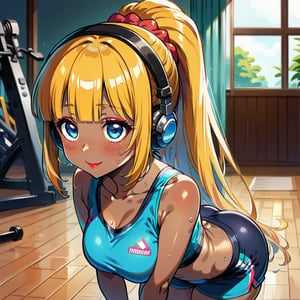 score_9, score_8_up, score_7_up, masterpiece, best quality, highres, 1girl, curvy, anime eyes, large eyes, blue eyes, kawaii anime style, very kawaii anime style, super kawaii anime style, super cute anime style, cute anime style, sexy anime style, cute girl, kawaii, cute, kawaii girl, red eyeshadow, eyeshadow, long eyelashes, eyeliner, blush, red lipstick, medium lips, full lip, full_lips, smile, upper_body, face_only, close up, face only, close_up, face, solo girl, solo_girl, 1 girl, so cute, very_cute_girl, hime_cut, hime cut, red eyeshadow, red_eyeshadow, long eyelashes, long_eyelashes, red_lipstick, red lipstick, age 25, cat_shaped_eyes, fox_shaped_eyes, thick_eyelashes, very_thick_eyelashes, thick eyelashes, blonde hair, blonde_hair, bright blonde hair, bright_blonde_hair, gym,, weight_room, treadmills, treadmill, headphones over ears, black headphones over ears, black headphones, headphones_over_ears, brown_girl, brown skin, brown_skin, brown skinned, dark skin, dark_skinned, brown_skinned, blue sports bra, blue_sports_bra, small sports bra, tight sports bra, tight_sports_bra, extremely tight sports bra, midriff, exposed midriff, exposed_midriff, large ponytail, large_ponytail, long ponytail, long_ponytail, massive breasts, black shorts, side boobs, side_boobs, side_boob, side boob, curvy hips, curvy_hips, wide_hips, wide hips, thick thighs, thigh_thighs, toned body, toned_body, abs, view from above, from_above, from above, view_from_above, leaning forward, leaning_forward, standing, sweating, girl sweating, girl_sweating, downblouse, down blouse, down_blouse, yoga, yoga posing, yoga_posing, areal view, areal_view, girl looking up, huge ass, massive ass, gigantic ass, humongous ass, view from side, from side, view_from_side, from_side, blush, blushing, girl blushing, red blush, pink blush, 