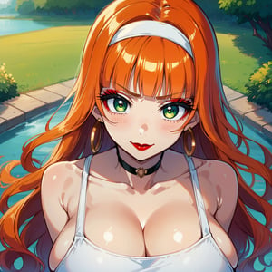 score_9, score_8_up, score_7_up, masterpiece, best quality, highres, 1girl, curvy, anime eyes, large eyes, green eyes, kawaii anime style, very kawaii anime style, super kawaii anime style, super cute anime style, cute anime style, sexy anime style, cute girl, kawaii, cute, kawaii girl, red eyeshadow, eyeshadow, long eyelashes, eyeliner, blush, red lipstick, medium lips,  medium_lips, orange hair, orange_hair, sitting, smile, upper_body, face_only, close up, face only, close_up, face, solo girl, solo_girl, 1 girl, so cute, very_cute_girl, hime_cut, hime cut, golden hoop earrings, golden_hoop_earring, red eyeshadow, red_eyeshadow, long eyelashes, long_eyelashes, red_lipstick, red lipstick, age 25, thick_eyelashes, very_thick_eyelashes, thick eyelashes, straight bangs, straight_bangs, straight_cut_hair, straight cut hair, cat eye shape, cat_eye_shape,  black choker, black_choker, sundress, white_sundress, white hairband, white_hairband, hairband, park, sleeveless, very long eyelashes, very_long_eyelashes, eyeliner, thick eyelashes, thick_eyelashes, slanted eyes. slanted_eyes, slanted_eye_shape, slanted eye shape, updo hair, updo_hair, updo, wavy hair, wavy_hair, hair in updo, hair_in_updo, massive_breasts, massive breasts, head_portrait, head_shot, headshot_portrait, headshot, cat_shaped_eyes, cat shaped eyes, serious, serious expression, serious_expression, happy, very_happy, view from above, view_from_above, from_above, from above, aerial_view, long eyelashes, long_eyelashes, thick eyelashes, thick_eyelashes, cleavage, side boob, side boobs, side_boobs, side_boob, frontal view, view_from_front