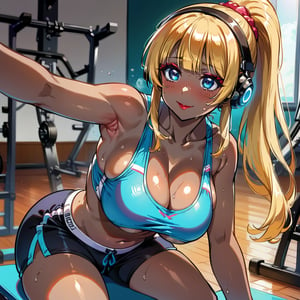 score_9, score_8_up, score_7_up, masterpiece, best quality, highres, 1girl, curvy, anime eyes, large eyes, neon blue eyes, neon_blue_eyes, kawaii anime style, very kawaii anime style, super kawaii anime style, super cute anime style, cute anime style, sexy anime style, cute girl, kawaii, cute, kawaii girl, red eyeshadow, eyeshadow, long eyelashes, eyeliner, blush, red lipstick, medium lips, full lip, full_lips, smile, upper_body, face_only, close up, face only, close_up, face, solo girl, solo_girl, 1 girl, so cute, very_cute_girl, hime_cut, hime cut, red eyeshadow, red_eyeshadow, long eyelashes, long_eyelashes, red_lipstick, red lipstick, age 25, cat_shaped_eyes, fox_shaped_eyes, thick_eyelashes, very_thick_eyelashes, thick eyelashes, blonde hair, blonde_hair, bright blonde hair, bright_blonde_hair, gym,, weight_room, treadmills, treadmill, headphones over ears, black headphones over ears, black headphones, headphones_over_ears, brown_girl, brown skin, brown_skin, brown skinned, dark skin, dark_skinned, brown_skinned, blue sports bra, blue_sports_bra, small sports bra, tight sports bra, tight_sports_bra, extremely tight sports bra, midriff, exposed midriff, exposed_midriff, large ponytail, large_ponytail, long ponytail, long_ponytail, massive breasts, black shorts, side boobs, side_boobs, side_boob, side boob, curvy hips, curvy_hips, wide_hips, wide hips, thick thighs, thigh_thighs, toned body, toned_body, abs, view from below, from_below, from below, view_from_below, sitting, sweating, girl sweating, girl_sweating, yoga, yoga posing, yoga_posing, girl looking up, blush, blushing, girl blushing, red blush, pink blush, underboob, under boob, leaning forward, leaning_forward, cleavage, deep cleavage, deep_cleavage 