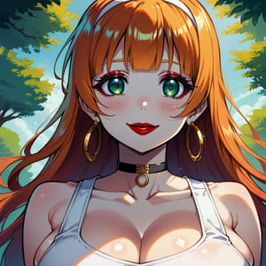 score_9, score_8_up, score_7_up, masterpiece, best quality, highres, 1girl, curvy, anime eyes, large eyes, green eyes, kawaii anime style, very kawaii anime style, super kawaii anime style, super cute anime style, cute anime style, sexy anime style, cute girl, kawaii, cute, kawaii girl, red eyeshadow, eyeshadow, long eyelashes, eyeliner, blush, red lipstick, medium lips,  orange hair, orange_hair, standing, smile, upper_body, face_only, close up, face only, close_up, face, solo girl, solo_girl, 1 girl, so cute, very_cute_girl, hime_cut, hime cut, golden hoop earrings, golden_hoop_earring, red eyeshadow, red_eyeshadow, long eyelashes, long_eyelashes, red_lipstick, red lipstick, age 25, thick_eyelashes, very_thick_eyelashes, thick eyelashes, straight bangs, straight_bangs, straight_cut_hair, straight cut hair, cat eye shape, cat_eye_shape,  black choker, black_choker, sundress, white_sundress, white hairband, white_hairband, hairband, park, sleeveless, very long eyelashes, very_long_eyelashes, eyeliner, thick eyelashes, thick_eyelashes, slanted eyes. slanted_eyes, slanted_eye_shape, slanted eye shape, tight dress, tight_dress, backless dress, backless_dress, backless, updo hair, updo_hair, updo, wavy hair, wavy_hair, view from below, view_from_beliw, from below, from_below, low_angle, viewed_from_below, arched_back, hair in updo, hair_in_updo, massive breasts, impossible shirt, impossible_clothes, impossible_dress, impossible_clothing, massive breasts, gigantic breasts, enormous breasts, enormous_breasts, gargantuan_breasts, gigantic_breasts, colossal_breasts, colossal breasts, head_portrait, head_shot, headshot_portrait, headshot