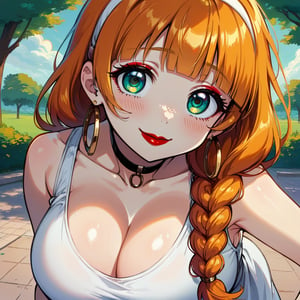 score_9, score_8_up, score_7_up, masterpiece, best quality, highres, 1girl, curvy, anime eyes, large eyes, green eyes, kawaii anime style, very kawaii anime style, super kawaii anime style, super cute anime style, cute anime style, sexy anime style, cute girl, kawaii, cute, kawaii girl, red eyeshadow, eyeshadow, long eyelashes, eyeliner, blush, red lipstick, medium lips,  orange hair, orange_hair, standing, smile, upper_body, face_only, close up, face only, close_up, face, solo girl, solo_girl, 1 girl, so cute, very_cute_girl, hime_cut, hime cut, golden hoop earrings, golden_hoop_earring, red eyeshadow, red_eyeshadow, long eyelashes, long_eyelashes, red_lipstick, red lipstick, age 25, from front, view from front, thick_eyelashes, very_thick_eyelashes, thick eyelashes, straight bangs, straight_bangs, straight_cut_hair, straight cut hair, cat eye shape, cat_eye_shape, braided ponytail, ponytail, braided_ponytail,  black choker, black_choker, sundress, white_sundress, white hairband, white_hairband, hairband, park, sleeveless, very long eyelashes, very_long_eyelashes, eyeliner, thick eyelashes, thick_eyelashes, slanted eyes. slanted_eyes, slanted_eye_shape, slanted eye shape, massive breasts, gigantic breasts, giant breasts, view from above, view_from_above, downblouse, down v blouse, down_blouse, leaning forward, lwaninf_forward