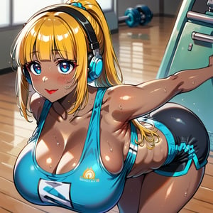 score_9, score_8_up, score_7_up, masterpiece, best quality, highres, 1girl, curvy, anime eyes, large eyes, blue eyes, kawaii anime style, very kawaii anime style, super kawaii anime style, super cute anime style, cute anime style, sexy anime style, cute girl, kawaii, cute, kawaii girl, red eyeshadow, eyeshadow, long eyelashes, eyeliner, blush, red lipstick, medium lips, full lip, full_lips, smile, upper_body, face_only, close up, face only, close_up, face, solo girl, solo_girl, 1 girl, so cute, very_cute_girl, hime_cut, hime cut, red eyeshadow, red_eyeshadow, long eyelashes, long_eyelashes, red_lipstick, red lipstick, age 25, cat_shaped_eyes, fox_shaped_eyes, thick_eyelashes, very_thick_eyelashes, thick eyelashes, blonde hair, blonde_hair, bright blonde hair, bright_blonde_hair, gym,, weight_room, treadmills, treadmill, headphones over ears, black headphones over ears, black headphones, headphones_over_ears, brown_girl, brown skin, brown_skin, brown skinned, dark skin, dark_skinned, brown_skinned, blue sports bra, blue_sports_bra, small sports bra, tight sports bra, tight_sports_bra, extremely tight sports bra, midriff, exposed midriff, exposed_midriff, large ponytail, large_ponytail, long ponytail, long_ponytail, massive breasts, black shorts, side boobs, side_boobs, side_boob, side boob, curvy hips, curvy_hips, wide_hips, wide hips, thick thighs, thigh_thighs, toned body, toned_body, abs, view from above, from_above, from above, view_from_above, leaning forward, leaning_forward, standing, sweating, girl sweating, girl_sweating, downblouse, down blouse, down_blouse, yoga, yoga posing, yoga_posing, areal view, areal_view, girl looking up, huge ass, massive ass, gigantic ass, humongous ass, view from side, from side, view_from_side, from_side, blush, blushing, girl blushing, red blush, pink blush