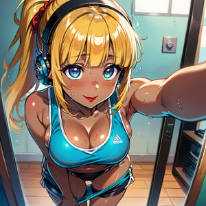 score_9, score_8_up, score_7_up, masterpiece, best quality, highres, 1girl, curvy, anime eyes, large eyes, blue eyes, kawaii anime style, very kawaii anime style, super kawaii anime style, super cute anime style, cute anime style, sexy anime style, cute girl, kawaii, cute, kawaii girl, red eyeshadow, eyeshadow, long eyelashes, eyeliner, blush, red lipstick, medium lips, full lip, full_lips, smile, upper_body, face_only, close up, face only, close_up, face, solo girl, solo_girl, 1 girl, so cute, very_cute_girl, hime_cut, hime cut, red eyeshadow, red_eyeshadow, long eyelashes, long_eyelashes, red_lipstick, red lipstick, age 25, cat_shaped_eyes, fox_shaped_eyes, thick_eyelashes, very_thick_eyelashes, thick eyelashes, blonde hair, blonde_hair, bright blonde hair, bright_blonde_hair, gym,, weight_room, treadmills, treadmill, headphones over ears, black headphones over ears, black headphones, headphones_over_ears, brown_girl, brown skin, brown_skin, brown skinned, dark skin, dark_skinned, brown_skinned, blue sports bra, blue_sports_bra, small sports bra, tight sports bra, tight_sports_bra, extremely tight sports bra, midriff, exposed midriff, exposed_midriff, large ponytail, large_ponytail, long ponytail, long_ponytail, massive breasts, black shorts, side boobs, side_boobs, side_boob, side boob, curvy hips, curvy_hips, wide_hips, wide hips, thick thighs, thigh_thighs, toned body, toned_body, abs, view from above, from_above, from above, view_from_above, leaning forward, leaning_forward, standing, sweating, girl sweating, girl_sweating, downblouse, down blouse, down_blouse, yoga, yoga posing, yoga_posing, areal view, areal_view, girl looking up, from_side, blush, blushing, girl blushing, red blush, pink blush, selfie, selfshot, self_shot, mirror, mirror selfie, mirror_selfie