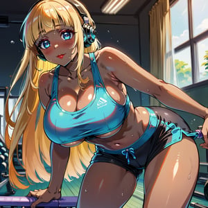 score_9, score_8_up, score_7_up, masterpiece, best quality, highres, 1girl, curvy, anime eyes, large eyes, neon blue eyes, neon_blue_eyes, kawaii anime style, very kawaii anime style, super kawaii anime style, super cute anime style, cute anime style, sexy anime style, cute girl, kawaii, cute, kawaii girl, red eyeshadow, eyeshadow, long eyelashes, eyeliner, blush, red lipstick, medium lips, full lip, full_lips, smile, upper_body, face_only, close up, face only, close_up, face, solo girl, solo_girl, 1 girl, so cute, very_cute_girl, hime_cut, hime cut, red eyeshadow, red_eyeshadow, long eyelashes, long_eyelashes, red_lipstick, red lipstick, age 25, cat_shaped_eyes, fox_shaped_eyes, thick_eyelashes, very_thick_eyelashes, thick eyelashes, blonde hair, blonde_hair, bright blonde hair, bright_blonde_hair, gym,, weight_room, treadmills, treadmill, headphones over ears, black headphones over ears, black headphones, headphones_over_ears, brown_girl, brown skin, brown_skin, brown skinned, dark skin, dark_skinned, brown_skinned, blue sports bra, blue_sports_bra, small sports bra, tight sports bra, tight_sports_bra, extremely tight sports bra, midriff, exposed midriff, exposed_midriff, large ponytail, large_ponytail, long ponytail, long_ponytail, massive breasts, black shorts, side boobs, side_boobs, side_boob, side boob, curvy hips, curvy_hips, wide_hips, wide hips, thick thighs, thigh_thighs, toned body, toned_body, abs, view from below, from_below, from below, view_from_below, on knees, sweating, girl sweating, girl_sweating, yoga, yoga posing, yoga_posing, girl looking up, blush, blushing, girl blushing, red blush, pink blush, underboob, under boob, cleavage, deep cleavage, deep_cleavage, micro sports bra, micro_sports_bra, view directly below girl, directly below girl, directly below, low angle, low_angle, under breasts, under_breasts, between thighs, view from between thighs, bending forward, bending_forward