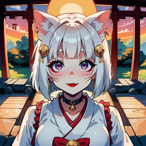 score_9, score_8_up, score_7_up, masterpiece, best quality, highres, 1girl, curvy, anime eyes, large eyes, light purple eyes, kawaii anime style, very kawaii anime style, super kawaii anime style, super cute anime style, cute anime style, sexy anime style, cute girl, kawaii, cute, kawaii girl, red eyeshadow, eyeshadow, long eyelashes, eyeliner, blush, red lipstick, medium lips, full lip, full_lips, white hair, white_hair, standing, smile, upper_body, face_only, close up, face only, close_up, face, solo girl, solo_girl, 1 girl, so cute, very_cute_girl, hime_cut, hime cut, golden hoop earrings, golden_hoop_earring, miko outfit, miko, miko_outfit, red eyeshadow, red_eyeshadow, long eyelashes, long_eyelashes, red_lipstick, red lipstick, bed, age 25, from front, view from front, black choker, black_choker, arms between legs, arms_between_legs, shrine, Torii gate, torii_gate, hair ornament, hair_ornament, cat_shaped_eyes, thick_eyelashes, very_thick_eyelashes, thick eyelashes, shoulder length hair, shoulder_length_hair, Bob cut, bob_cut, short hair, short_hair, leaning forward, leaning_forward, super bright, bright, sunshine, sunshine on face, white miko outfit, white miko, white_miko, straight bangs, straight_bangs, straight_cut_hair, straight cut hair, fox ears, sun, day time, noon, cat shaped eyes, view from above, view_from_above