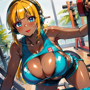 score_9, score_8_up, score_7_up, masterpiece, best quality, highres, 1girl, curvy, anime eyes, large eyes, neon blue eyes, neon_blue_eyes, kawaii anime style, very kawaii anime style, super kawaii anime style, super cute anime style, cute anime style, sexy anime style, cute girl, kawaii, cute, kawaii girl, red eyeshadow, eyeshadow, long eyelashes, eyeliner, blush, red lipstick, medium lips, full lip, full_lips, smile, upper_body, face_only, close up, face only, close_up, face, solo girl, solo_girl, 1 girl, so cute, very_cute_girl, hime_cut, hime cut, red eyeshadow, red_eyeshadow, long eyelashes, long_eyelashes, red_lipstick, red lipstick, age 25, cat_shaped_eyes, fox_shaped_eyes, thick_eyelashes, very_thick_eyelashes, thick eyelashes, blonde hair, blonde_hair, bright blonde hair, bright_blonde_hair, gym,, weight_room, treadmills, treadmill, headphones over ears, black headphones over ears, black headphones, headphones_over_ears, brown_girl, brown skin, brown_skin, brown skinned, dark skin, dark_skinned, brown_skinned, blue sports bra, blue_sports_bra, small sports bra, tight sports bra, tight_sports_bra, extremely tight sports bra, midriff, exposed midriff, exposed_midriff, large ponytail, large_ponytail, long ponytail, long_ponytail, massive breasts, gigantic breasts, gargantuan breasts, enormous breasts, gargantuan breasts, colossal breasts, black shorts, side boobs, side_boobs, side_boob, side boob, curvy hips, curvy_hips, wide_hips, wide hips, thick thighs, thigh_thighs, toned body, toned_body, abs, view from above, from_above, from above, view_from_above, on knees, sweating, girl sweating, girl_sweating, yoga, yoga posing, yoga_posing, girl looking up, blush, blushing, girl blushing, red blush, pink blush, underboob, under boob, cleavage, deep cleavage, deep_cleavage, micro sports bra, micro_sports_bra, view directly below girl, directly below girl, directly below, low angle, low_angle, under breasts, under_breasts, bending forward, bending_forward, side boobs, underboob, cleavage, sexy cleavage, sexy side boob, 