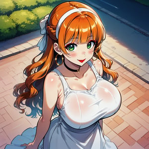 score_9, score_8_up, score_7_up, masterpiece, best quality, highres, 1girl, curvy, anime eyes, large eyes, green eyes, kawaii anime style, very kawaii anime style, super kawaii anime style, super cute anime style, cute anime style, sexy anime style, cute girl, kawaii, cute, kawaii girl, red eyeshadow, eyeshadow, long eyelashes, eyeliner, blush, red lipstick, medium lips,  orange hair, orange_hair, standing, smile, upper_body, face_only, close up, face only, close_up, face, solo girl, solo_girl, 1 girl, so cute, very_cute_girl, hime_cut, hime cut, golden hoop earrings, golden_hoop_earring, red eyeshadow, red_eyeshadow, long eyelashes, long_eyelashes, red_lipstick, red lipstick, age 25, thick_eyelashes, very_thick_eyelashes, thick eyelashes, straight bangs, straight_bangs, straight_cut_hair, straight cut hair, cat eye shape, cat_eye_shape,  black choker, black_choker, sundress, white_sundress, white hairband, white_hairband, hairband, park, sleeveless, very long eyelashes, very_long_eyelashes, eyeliner, thick eyelashes, thick_eyelashes, slanted eyes. slanted_eyes, slanted_eye_shape, slanted eye shape, tight dress, tight_dress, backless dress, backless_dress, backless, updo hair, updo_hair, updo, wavy hair, wavy_hair, view from above, view_from_above, from above, from_above, arched back, arched_back, hair in updo, hair_in_updo, massive breasts, impossible shirt, impossible_clothes, impossible_dress, impossible_clothing, massive breasts, knee up, raised knee, raised_knees, red heels, red_heels