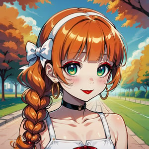 score_9, score_8_up, score_7_up, masterpiece, best quality, highres, 1girl, curvy, anime eyes, large eyes, green eyes, kawaii anime style, very kawaii anime style, super kawaii anime style, super cute anime style, cute anime style, sexy anime style, cute girl, kawaii, cute, kawaii girl, red eyeshadow, eyeshadow, long eyelashes, eyeliner, blush, red lipstick, medium lips,  orange hair, orange_hair, standing, smile, upper_body, face_only, close up, face only, close_up, face, solo girl, solo_girl, 1 girl, so cute, very_cute_girl, hime_cut, hime cut, golden hoop earrings, golden_hoop_earring, red eyeshadow, red_eyeshadow, long eyelashes, long_eyelashes, red_lipstick, red lipstick, age 25, from front, view from front, thick_eyelashes, very_thick_eyelashes, thick eyelashes, straight bangs, straight_bangs, straight_cut_hair, straight cut hair, cat eye shape, cat_eye_shape, braided hair, braided ponytail, ponytail, braided_ponytail, braided_hair, braided_ponytail, big hair, big_hair,  black choker, black_choker, sundress, white_sundress, white hairband, white_hairband, hairband, park, sleeveless, very long eyelashes, very_long_eyelashes, eyeliner, thick eyelashes, thick_eyelashes, slanted eyes. slanted_eyes, slanted_eye_shape, slanted eye shape, flat_chested