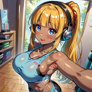 score_9, score_8_up, score_7_up, masterpiece, best quality, highres, 1girl, curvy, anime eyes, large eyes, blue eyes, kawaii anime style, very kawaii anime style, super kawaii anime style, super cute anime style, cute anime style, sexy anime style, cute girl, kawaii, cute, kawaii girl, red eyeshadow, eyeshadow, long eyelashes, eyeliner, blush, red lipstick, medium lips, full lip, full_lips, smile, upper_body, face_only, close up, face only, close_up, face, solo girl, solo_girl, 1 girl, so cute, very_cute_girl, hime_cut, hime cut, red eyeshadow, red_eyeshadow, long eyelashes, long_eyelashes, red_lipstick, red lipstick, age 25, cat_shaped_eyes, fox_shaped_eyes, thick_eyelashes, very_thick_eyelashes, thick eyelashes, blonde hair, blonde_hair, bright blonde hair, bright_blonde_hair, gym,, weight_room, treadmills, treadmill, headphones over ears, black headphones over ears, black headphones, headphones_over_ears, brown_girl, brown skin, brown_skin, brown skinned, dark skin, dark_skinned, brown_skinned, blue sports bra, blue_sports_bra, small sports bra, tight sports bra, tight_sports_bra, extremely tight sports bra, midriff, exposed midriff, exposed_midriff, large ponytail, large_ponytail, long ponytail, long_ponytail, massive breasts, black shorts, side boobs, side_boobs, side_boob, side boob, curvy hips, curvy_hips, wide_hips, wide hips, thick thighs, thigh_thighs, toned body, toned_body, abs, view from above, from_above, from above, view_from_above, leaning forward, leaning_forward, standing, sweating, girl sweating, girl_sweating, downblouse, down blouse, down_blouse, yoga, yoga posing, yoga_posing, areal view, areal_view, girl looking up, view from side, from side, view_from_side, from_side, blush, blushing, girl blushing, red blush, pink blush, arms raised, arms up, arms in air, raised arms, armpits, selfie, selfshot, self_shot, mirror, mirror selfie, mirror_selfie