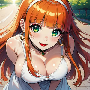 score_9, score_8_up, score_7_up, masterpiece, best quality, highres, 1girl, curvy, anime eyes, large eyes, green eyes, kawaii anime style, very kawaii anime style, super kawaii anime style, super cute anime style, cute anime style, sexy anime style, cute girl, kawaii, cute, kawaii girl, red eyeshadow, eyeshadow, long eyelashes, eyeliner, blush, red lipstick, medium lips,  orange hair, orange_hair, standing, smile, upper_body, face_only, close up, face only, close_up, face, solo girl, solo_girl, 1 girl, so cute, very_cute_girl, hime_cut, hime cut, golden hoop earrings, golden_hoop_earring, red eyeshadow, red_eyeshadow, long eyelashes, long_eyelashes, red_lipstick, red lipstick, age 25, from front, view from front, thick_eyelashes, very_thick_eyelashes, thick eyelashes, straight bangs, straight_bangs, straight_cut_hair, straight cut hair, cat eye shape, cat_eye_shape,  black choker, black_choker, sundress, white_sundress, white hairband, white_hairband, hairband, park, sleeveless, very long eyelashes, very_long_eyelashes, eyeliner, thick eyelashes, thick_eyelashes, slanted eyes. slanted_eyes, slanted_eye_shape, slanted eye shape, massive breasts, gigantic breasts, giant breasts, view from above, view_from_above, downblouse, down blouse, down_blouse, leaning forward, leaning_forward, side boobs, side boob, side_boob, side_boobs, underboobs, underboob,

