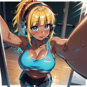 score_9, score_8_up, score_7_up, masterpiece, best quality, highres, 1girl, curvy, anime eyes, large eyes, blue eyes, kawaii anime style, very kawaii anime style, super kawaii anime style, super cute anime style, cute anime style, sexy anime style, cute girl, kawaii, cute, kawaii girl, red eyeshadow, eyeshadow, long eyelashes, eyeliner, blush, red lipstick, medium lips, full lip, full_lips, smile, upper_body, face_only, close up, face only, close_up, face, solo girl, solo_girl, 1 girl, so cute, very_cute_girl, hime_cut, hime cut, red eyeshadow, red_eyeshadow, long eyelashes, long_eyelashes, red_lipstick, red lipstick, age 25, cat_shaped_eyes, fox_shaped_eyes, thick_eyelashes, very_thick_eyelashes, thick eyelashes, blonde hair, blonde_hair, bright blonde hair, bright_blonde_hair, gym,, weight_room, treadmills, treadmill, headphones over ears, black headphones over ears, black headphones, headphones_over_ears, brown_girl, brown skin, brown_skin, brown skinned, dark skin, dark_skinned, brown_skinned, blue sports bra, blue_sports_bra, small sports bra, tight sports bra, tight_sports_bra, extremely tight sports bra, midriff, exposed midriff, exposed_midriff, large ponytail, large_ponytail, long ponytail, long_ponytail, massive breasts, black shorts, side boobs, side_boobs, side_boob, side boob, curvy hips, curvy_hips, wide_hips, wide hips, thick thighs, thigh_thighs, toned body, toned_body, abs, view from above, from_above, from above, view_from_above, standing, sweating, girl sweating, girl_sweating, yoga, yoga posing, yoga_posing, areal view, areal_view, girl looking up, from_side, blush, blushing, girl blushing, red blush, pink blush, selfie, selfshot, self_shot, mirror, mirror selfie, mirror_selfie, underboob, under boob