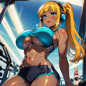 score_9, score_8_up, score_7_up, masterpiece, best quality, highres, 1girl, curvy, anime eyes, large eyes, neon blue eyes, neon_blue_eyes, kawaii anime style, very kawaii anime style, super kawaii anime style, super cute anime style, cute anime style, sexy anime style, cute girl, kawaii, cute, kawaii girl, red eyeshadow, eyeshadow, long eyelashes, eyeliner, blush, red lipstick, medium lips, full lip, full_lips, smile, upper_body, face_only, close up, face only, close_up, face, solo girl, solo_girl, 1 girl, so cute, very_cute_girl, hime_cut, hime cut, red eyeshadow, red_eyeshadow, long eyelashes, long_eyelashes, red_lipstick, red lipstick, age 25, cat_shaped_eyes, fox_shaped_eyes, thick_eyelashes, very_thick_eyelashes, thick eyelashes, blonde hair, blonde_hair, bright blonde hair, bright_blonde_hair, gym,, weight_room, treadmills, treadmill, headphones over ears, black headphones over ears, black headphones, headphones_over_ears, brown_girl, brown skin, brown_skin, brown skinned, dark skin, dark_skinned, brown_skinned, blue sports bra, blue_sports_bra, small sports bra, tight sports bra, tight_sports_bra, extremely tight sports bra, midriff, exposed midriff, exposed_midriff, large ponytail, large_ponytail, long ponytail, long_ponytail, massive breasts, black shorts, side boobs, side_boobs, side_boob, side boob, curvy hips, curvy_hips, wide_hips, wide hips, thick thighs, thigh_thighs, toned body, toned_body, abs, view from below, from_below, from below, view_from_below, on knees, sweating, girl sweating, girl_sweating, yoga, yoga posing, yoga_posing, girl looking up, blush, blushing, girl blushing, red blush, pink blush, underboob, under boob, leaning back, leaning_back, cleavage, deep cleavage, deep_cleavage, micro sports bra, micro_sports_bra, view directly below girl, directly below girl, directly below, low angle, low_angle