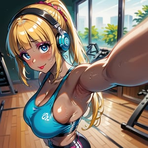 score_9, score_8_up, score_7_up, masterpiece, best quality, highres, 1girl, curvy, anime eyes, large eyes, blue eyes, kawaii anime style, very kawaii anime style, super kawaii anime style, super cute anime style, cute anime style, sexy anime style, cute girl, kawaii, cute, kawaii girl, red eyeshadow, eyeshadow, long eyelashes, eyeliner, blush, red lipstick, medium lips, full lip, full_lips, smile, upper_body, face_only, close up, face only, close_up, face, solo girl, solo_girl, 1 girl, so cute, very_cute_girl, hime_cut, hime cut, red eyeshadow, red_eyeshadow, long eyelashes, long_eyelashes, red_lipstick, red lipstick, age 25, cat_shaped_eyes, fox_shaped_eyes, thick_eyelashes, very_thick_eyelashes, thick eyelashes, blonde hair, blonde_hair, bright blonde hair, bright_blonde_hair, gym,, weight_room, treadmills, treadmill, headphones over ears, black headphones over ears, black headphones, headphones_over_ears, brown_girl, brown skin, brown_skin, brown skinned, dark skin, dark_skinned, brown_skinned, blue sports bra, blue_sports_bra, small sports bra, tight sports bra, tight_sports_bra, extremely tight sports bra, midriff, exposed midriff, exposed_midriff, large ponytail, large_ponytail, long ponytail, long_ponytail, massive breasts, black shorts, side boobs, side_boobs, side_boob, side boob, curvy hips, curvy_hips, wide_hips, wide hips, thick thighs, thigh_thighs, toned body, toned_body, abs, view from above, from_above, from above, view_from_above, leaning forward, leaning_forward, standing, sweating, girl sweating, girl_sweating, downblouse, down blouse, down_blouse, yoga, yoga posing, yoga_posing, areal view, areal_view, girl looking up, view from side, from side, view_from_side, from_side, blush, blushing, girl blushing, red blush, pink blush, arms raised, arms up, arms in air, raised arms, armpits, selfie, selfshot, self_shot