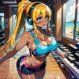 score_9, score_8_up, score_7_up, masterpiece, best quality, highres, 1girl, curvy, anime eyes, large eyes, neon blue eyes, neon_blue_eyes, kawaii anime style, very kawaii anime style, super kawaii anime style, super cute anime style, cute anime style, sexy anime style, cute girl, kawaii, cute, kawaii girl, red eyeshadow, eyeshadow, long eyelashes, eyeliner, blush, red lipstick, medium lips, full lip, full_lips, smile, upper_body, face_only, close up, face only, close_up, face, solo girl, solo_girl, 1 girl, so cute, very_cute_girl, hime_cut, hime cut, red eyeshadow, red_eyeshadow, long eyelashes, long_eyelashes, red_lipstick, red lipstick, age 25, cat_shaped_eyes, fox_shaped_eyes, thick_eyelashes, very_thick_eyelashes, thick eyelashes, blonde hair, blonde_hair, bright blonde hair, bright_blonde_hair, gym,, weight_room, treadmills, treadmill, headphones over ears, black headphones over ears, black headphones, headphones_over_ears, brown_girl, brown skin, brown_skin, brown skinned, dark skin, dark_skinned, brown_skinned, blue sports bra, blue_sports_bra, small sports bra, tight sports bra, tight_sports_bra, extremely tight sports bra, midriff, exposed midriff, exposed_midriff, large ponytail, large_ponytail, long ponytail, long_ponytail, massive breasts, black shorts, side boobs, side_boobs, side_boob, side boob, curvy hips, curvy_hips, wide_hips, wide hips, thick thighs, thigh_thighs, toned body, toned_body, abs, view from above, from_above, from above, view_from_above, standing, sweating, girl sweating, girl_sweating, yoga, yoga posing, yoga_posing, areal view, areal_view, girl looking up, from_side, blush, blushing, girl blushing, red blush, pink blush, underboob, under boob, leaning forward, leaning_forward, cleavage, deep cleavage, deep_cleavage 