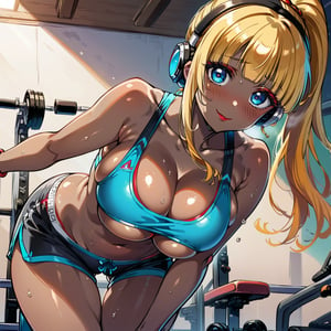 score_9, score_8_up, score_7_up, masterpiece, best quality, highres, 1girl, curvy, anime eyes, large eyes, neon blue eyes, neon_blue_eyes, kawaii anime style, very kawaii anime style, super kawaii anime style, super cute anime style, cute anime style, sexy anime style, cute girl, kawaii, cute, kawaii girl, red eyeshadow, eyeshadow, long eyelashes, eyeliner, blush, red lipstick, medium lips, full lip, full_lips, smile, upper_body, face_only, close up, face only, close_up, face, solo girl, solo_girl, 1 girl, so cute, very_cute_girl, hime_cut, hime cut, red eyeshadow, red_eyeshadow, long eyelashes, long_eyelashes, red_lipstick, red lipstick, age 25, cat_shaped_eyes, fox_shaped_eyes, thick_eyelashes, very_thick_eyelashes, thick eyelashes, blonde hair, blonde_hair, bright blonde hair, bright_blonde_hair, gym,, weight_room, treadmills, treadmill, headphones over ears, black headphones over ears, black headphones, headphones_over_ears, brown_girl, brown skin, brown_skin, brown skinned, dark skin, dark_skinned, brown_skinned, blue sports bra, blue_sports_bra, small sports bra, tight sports bra, tight_sports_bra, extremely tight sports bra, midriff, exposed midriff, exposed_midriff, large ponytail, large_ponytail, long ponytail, long_ponytail, massive breasts, gigantic breasts, gargantuan breasts, enormous breasts, gargantuan breasts, colossal breasts, black shorts, side boobs, side_boobs, side_boob, side boob, curvy hips, curvy_hips, wide_hips, wide hips, thick thighs, thigh_thighs, toned body, toned_body, abs, view from above, from_above, from above, view_from_above, on knees, sweating, girl sweating, girl_sweating, yoga, yoga posing, yoga_posing, girl looking up, blush, blushing, girl blushing, red blush, pink blush, underboob, under boob, cleavage, deep cleavage, deep_cleavage, micro sports bra, micro_sports_bra, view directly below girl, directly below girl, directly below, low angle, low_angle, under breasts, under_breasts, bending forward, bending_forward, side boobs, underboob, cleavage, sexy cleavage, sexy side boob, 