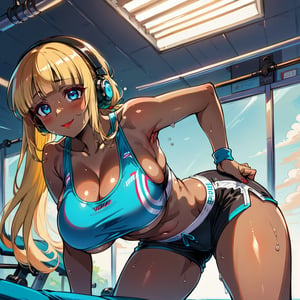 score_9, score_8_up, score_7_up, masterpiece, best quality, highres, 1girl, curvy, anime eyes, large eyes, neon blue eyes, neon_blue_eyes, kawaii anime style, very kawaii anime style, super kawaii anime style, super cute anime style, cute anime style, sexy anime style, cute girl, kawaii, cute, kawaii girl, red eyeshadow, eyeshadow, long eyelashes, eyeliner, blush, red lipstick, medium lips, full lip, full_lips, smile, upper_body, face_only, close up, face only, close_up, face, solo girl, solo_girl, 1 girl, so cute, very_cute_girl, hime_cut, hime cut, red eyeshadow, red_eyeshadow, long eyelashes, long_eyelashes, red_lipstick, red lipstick, age 25, cat_shaped_eyes, fox_shaped_eyes, thick_eyelashes, very_thick_eyelashes, thick eyelashes, blonde hair, blonde_hair, bright blonde hair, bright_blonde_hair, gym,, weight_room, treadmills, treadmill, headphones over ears, black headphones over ears, black headphones, headphones_over_ears, brown_girl, brown skin, brown_skin, brown skinned, dark skin, dark_skinned, brown_skinned, blue sports bra, blue_sports_bra, small sports bra, tight sports bra, tight_sports_bra, extremely tight sports bra, midriff, exposed midriff, exposed_midriff, large ponytail, large_ponytail, long ponytail, long_ponytail, massive breasts, black shorts, side boobs, side_boobs, side_boob, side boob, curvy hips, curvy_hips, wide_hips, wide hips, thick thighs, thigh_thighs, toned body, toned_body, abs, view from below, from_below, from below, view_from_below, on knees, sweating, girl sweating, girl_sweating, yoga, yoga posing, yoga_posing, girl looking up, blush, blushing, girl blushing, red blush, pink blush, underboob, under boob, cleavage, deep cleavage, deep_cleavage, micro sports bra, micro_sports_bra, view directly below girl, directly below girl, directly below, low angle, low_angle, under breasts, under_breasts, between thighs, view from between thighs, bending forward, bending_forward