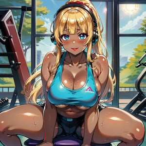 score_9, score_8_up, score_7_up, masterpiece, best quality, highres, 1girl, curvy, anime eyes, large eyes, neon blue eyes, neon_blue_eyes, kawaii anime style, very kawaii anime style, super kawaii anime style, super cute anime style, cute anime style, sexy anime style, cute girl, kawaii, cute, kawaii girl, red eyeshadow, eyeshadow, long eyelashes, eyeliner, blush, red lipstick, medium lips, full lip, full_lips, smile, upper_body, face_only, close up, face only, close_up, face, solo girl, solo_girl, 1 girl, so cute, very_cute_girl, hime_cut, hime cut, red eyeshadow, red_eyeshadow, long eyelashes, long_eyelashes, red_lipstick, red lipstick, age 25, cat_shaped_eyes, fox_shaped_eyes, thick_eyelashes, very_thick_eyelashes, thick eyelashes, blonde hair, blonde_hair, bright blonde hair, bright_blonde_hair, gym,, weight_room, treadmills, treadmill, headphones over ears, black headphones over ears, black headphones, headphones_over_ears, brown_girl, brown skin, brown_skin, brown skinned, dark skin, dark_skinned, brown_skinned, blue sports bra, blue_sports_bra, small sports bra, tight sports bra, tight_sports_bra, extremely tight sports bra, midriff, exposed midriff, exposed_midriff, large ponytail, large_ponytail, long ponytail, long_ponytail, massive breasts, black shorts, side boobs, side_boobs, side_boob, side boob, curvy hips, curvy_hips, wide_hips, wide hips, thick thighs, thigh_thighs, toned body, toned_body, abs, view from below, from_below, from below, view_from_below, sitting, sweating, girl sweating, girl_sweating, yoga, yoga posing, yoga_posing, girl looking up, blush, blushing, girl blushing, red blush, pink blush, underboob, under boob, leaning forward, leaning_forward, cleavage, deep cleavage, deep_cleavage 