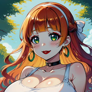 score_9, score_8_up, score_7_up, masterpiece, best quality, highres, 1girl, curvy, anime eyes, large eyes, green eyes, kawaii anime style, very kawaii anime style, super kawaii anime style, super cute anime style, cute anime style, sexy anime style, cute girl, kawaii, cute, kawaii girl, red eyeshadow, eyeshadow, long eyelashes, eyeliner, blush, red lipstick, medium lips,  orange hair, orange_hair, standing, smile, upper_body, face_only, close up, face only, close_up, face, solo girl, solo_girl, 1 girl, so cute, very_cute_girl, hime_cut, hime cut, golden hoop earrings, golden_hoop_earring, red eyeshadow, red_eyeshadow, long eyelashes, long_eyelashes, red_lipstick, red lipstick, age 25, thick_eyelashes, very_thick_eyelashes, thick eyelashes, straight bangs, straight_bangs, straight_cut_hair, straight cut hair, cat eye shape, cat_eye_shape,  black choker, black_choker, sundress, white_sundress, white hairband, white_hairband, hairband, park, sleeveless, very long eyelashes, very_long_eyelashes, eyeliner, thick eyelashes, thick_eyelashes, slanted eyes. slanted_eyes, slanted_eye_shape, slanted eye shape, tight dress, tight_dress, backless dress, backless_dress, backless, updo hair, updo_hair, updo, wavy hair, wavy_hair, view from below, view_from_beliw, from below, from_below, low_angle, viewed_from_below, arched_back, hair in updo, hair_in_updo, massive breasts, impossible shirt, impossible_clothes, impossible_dress, impossible_clothing, massive breasts, gigantic breasts, enormous breasts, enormous_breasts, gargantuan_breasts, gigantic_breasts, colossal_breasts, colossal breasts, head_portrait, head_shot, headshot_portrait, headshot