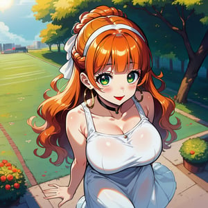 score_9, score_8_up, score_7_up, masterpiece, best quality, highres, 1girl, curvy, anime eyes, large eyes, green eyes, kawaii anime style, very kawaii anime style, super kawaii anime style, super cute anime style, cute anime style, sexy anime style, cute girl, kawaii, cute, kawaii girl, red eyeshadow, eyeshadow, long eyelashes, eyeliner, blush, red lipstick, medium lips,  orange hair, orange_hair, standing, smile, upper_body, face_only, close up, face only, close_up, face, solo girl, solo_girl, 1 girl, so cute, very_cute_girl, hime_cut, hime cut, golden hoop earrings, golden_hoop_earring, red eyeshadow, red_eyeshadow, long eyelashes, long_eyelashes, red_lipstick, red lipstick, age 25, thick_eyelashes, very_thick_eyelashes, thick eyelashes, straight bangs, straight_bangs, straight_cut_hair, straight cut hair, cat eye shape, cat_eye_shape,  black choker, black_choker, sundress, white_sundress, white hairband, white_hairband, hairband, park, sleeveless, very long eyelashes, very_long_eyelashes, eyeliner, thick eyelashes, thick_eyelashes, slanted eyes. slanted_eyes, slanted_eye_shape, slanted eye shape, tight dress, tight_dress, backless dress, backless_dress, backless, updo hair, updo_hair, updo, wavy hair, wavy_hair, view from above, view_from_above, from above, from_above, arched back, arched_back, hair in updo, hair_in_updo, massive breasts, impossible shirt, impossible_clothes, impossible_dress, impossible_clothing, massive breasts, knee up, raised knee, raised_knees, red heels, waving, 