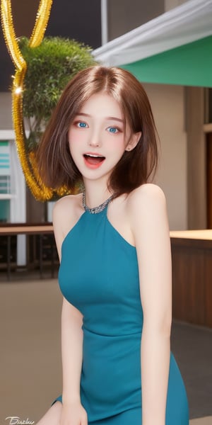 bright expression, half-up, young and glossy white skin, great looks, natural brown hair with dazzling highlights, short hair ,android 18 from dragon ball , sparkling crystal clear charm Big blue eyes,open mouth,very beautiful and lovely cute 18 year old girl, brown eyes, black low cut dress,