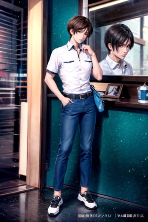 solo, looking at viewer, brown hair, shirt, black hair, 1boy, brown eyes, standing, full body, white shirt, short sleeves, male focus, shoes, collared shirt, pants, character name, copyright name, black pants, pocket, hand in pocket, zoom layer, blue pants, breast pocket