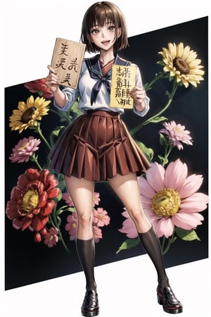 one girl,cute,skinny,smiling,open mouth,beautiful, holding a sign,18 years old,brown hair,short hair,full body,shoes,(perfect hands:1.2),(Japanese school uniform,short skirt,),holding a big sign,white background 