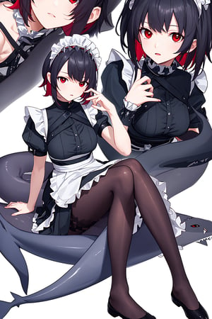 beautiful, beautiful, high quality, highly detailed, pose details, sitting, clothing, maid, physical detail, red eyes, black and red hair, shark tail, place, cafe, Ellen Joe