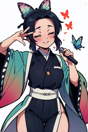 Beautiful, beautiful, high quality, highly detailed,Pose details, caricature, physical detail, eyes closed, blushing,Clothing, Kimono , Place,Butterfly Farm , Character , Shinobu from Demon Slayer 