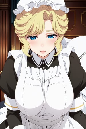 Beautiful, beautiful, high quality, highly detailed, pose details, anime, physical detail, eyes open, blushing, clothing, maid, place, house, María victorian maid, María victorian maid from Maria no houshi,