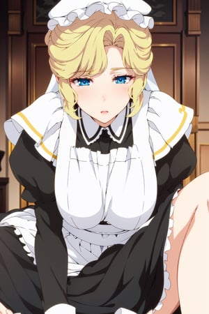 Beautiful, beautiful, high quality, highly detailed, pose details, anime, physical detail, eyes open, blushing, clothing, maid, place, house, María victorian maid, María victorian maid from Maria no houshi,