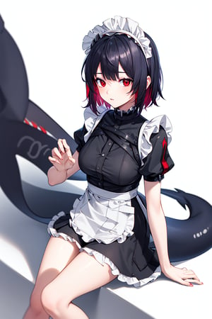 beautiful, beautiful, high quality, highly detailed, pose details, sitting, clothing, maid, physical detail, red eyes, black and red hair, shark tail, place, cafe, Ellen Joe