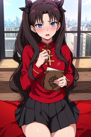 Beautiful, beautiful, high quality, highly detailed, pose details, anime, physical detail, eyes open, blushing, clothing, red shirt, black skirt, long hair, place, city, rin tohsaka,blue eyes,((Rin R-18))